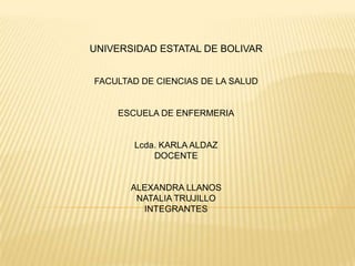 UNIVERSIDAD ESTATAL DE BOLIVAR FACULTAD DE CIENCIAS DE LA SALUD ESCUELA DE ENFERMERIA Lcda. KARLA ALDAZ DOCENTE ALEXANDRA LLANOS NATALIA TRUJILLO INTEGRANTES 