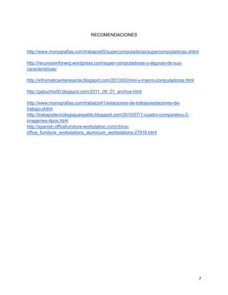 7
RECOMENDACIONES
http://www.monografias.com/trabajos65/supercomputadoras/supercomputadoras.shtml
http://recursosinforwrg.wordpress.com/super-computadoras-y-algunas-de-sus-
caracteristicas/
http://infromaticainteresante.blogspot.com/2013/03/mini-y-macro-computadoras.html
http://gabuchis00.blogspot.com/2011_09_01_archive.html
http://www.monografias.com/trabajos41/estaciones-de-trabajo/estaciones-de-
trabajo.shtml
http://trabajostecnologiajuanpablo.blogspot.com/2010/07/1-cuadro-comparativo-2-
imagemes-tipos.html
http://spanish.officefurniture-workstation.com/china-
office_furniture_workstations_aluminum_workstations-27916.html
 