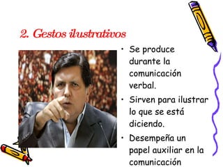 2. Gestos ilustrativos   Se produce durante la comunicación verbal. Sirven para ilustrar lo que se está diciendo. Desempeña un papel auxiliar en la comunicación verbal.  