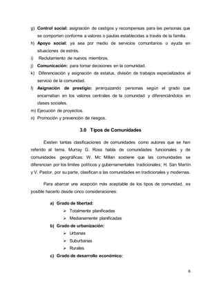 6
g) Control social: asignación de castigos y recompensas para las personas que
se comporten conforme a valores o pautas establecidas a través de la familia.
h) Apoyo social: ya sea por medio de servicios comunitarios o ayuda en
situaciones de estrés.
i) Reclutamiento de nuevos miembros.
j) Comunicación: para tomar decisiones en la comunidad.
k) Diferenciación y asignación de estatus, división de trabajos especializados al
servicio de la comunidad.
l) Asignación de prestigio: jerarquizando personas según el grado que
encarnaban en los valores centrales de la comunidad y diferenciándolos en
clases sociales.
m) Ejecución de proyectos.
n) Promoción y prevención de riesgos.
3.0 Tipos de Comunidades
Existen tantas clasificaciones de comunidades como autores que se han
referido al tema. Murray G. Ross habla de comunidades funcionales y de
comunidades geográficas; W. Mc Millan sostiene que las comunidades se
diferencian por los limites políticos y gubernamentales tradicionales; H. San Martín
y V. Pastor, por su parte, clasifican a las comunidades en tradicionales y modernas.
Para abarcar una acepción más aceptable de los tipos de comunidad, es
posible hacerlo desde cinco consideraciones:
a) Grado de libertad:
➢ Totalmente planificadas
➢ Medianamente planificadas
b) Grado de urbanización:
➢ Urbanas
➢ Suburbanas
➢ Rurales
c) Grado de desarrollo económico:
 
