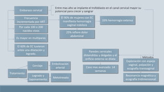 Embarazo cervical
Frecuencia
incrementada por ART
Por cada 100 o 200
nacidos vivos
Es mayor en multíparas
El 60% de EC tuvieron
antes una dilatación y
legrado.
Métodos
El 90% de mujeres con EC
manifiesta hemorragia
vaginal indolora
25% refiere dolor
abdominal
33% hemorragia extensa
Paredes cervicales
distendidas y delgadas y el
orificio externo se dilata
Caso mas avanzado: 14
semanas
Exploración con espejo
vaginal, palpación y
ecografía transvaginal
Resonancia magnética y
ecografía tridimensional
Entre mas alto se implante el trofoblasto en el canal cervical mayor su
potencial para crecer y sangrar
Tratamiento
Cerclaje
Legrado y
taponamiento
Embolización
arterial
Metotrexato
 