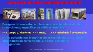UMC – MAT CONST CIVIL – PROF. CARLOS ROBERTO GODOI CINTRA
Dosagem do concreto com base nas características da obra
como cimento especifico ou aditivos especiais.
<<< tempo p/ desforma <<< custo, >>> resistência à compressão;
Muito utilizado nas industrias de pré-moldados, em estruturas
protendidas ou convencionais, e para demandas
emergenciais.
concreto de alta resistência inicial
 