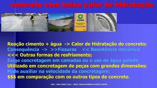 UMC – MAT CONST CIVIL – PROF. CARLOS ROBERTO GODOI CINTRA
Reação cimento + água -> Calor de Hidratação do concreto;
Consequência -> >>Fissuras << Resistência mecânica
<<< Outras formas de resfriamento;
Exige concretagem em camadas ou o uso de água gelada;
Utilizado em concretagem de peças com grandes dimensões;
Pode auxiliar na velocidade da concretagem;
$$$ em comparação com os outros tipos de concreto.
concreto com baixo calor de hidratação
 