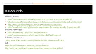 BIBLIOGRAFÍA
Concreto armado
 http://www.umacon.com/noticia.php/es/que-es-el-hormigon-o-cemento-armado/409
 https://www.culcobcs.com/educacion-y-sociedad/que-es-el-concreto-armado-en-la-construccion/
 http://www.construyendoseguro.com/los-tipos-de-concreto-y-sus-usos/
 https://www.linkedin.com/pulse/ventajas-y-desventajas-del-concreto-armado-stephanie-canola/
Concreto prefabricado
 https://www.elematic.com/es/concreto-prefabricado/
 http://www.revistacyt.com.mx/pdf/mayo2017/mayo2017.pdf#page=14
Concreto preesforzado
https://www.360enconcreto.com/blog/detalle/abc-del-concreto-preesforzado
ACI
https://es.wikipedia.org/wiki/American_Concrete_Institute
http://vivirhogar.republica.com/general/american-concrete-institute-aci.html
 