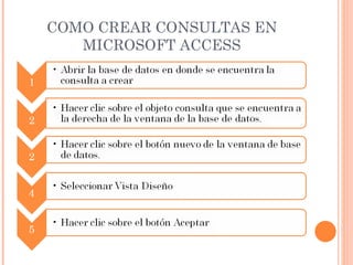 COMO CREAR CONSULTAS EN
   MICROSOFT ACCESS
 