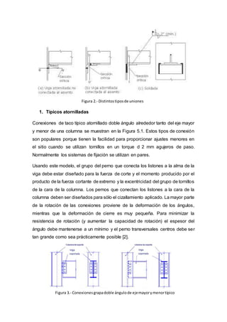 1. Típicos atornilladas
Conexiones de taco típico atornillado doble ángulo alrededor tanto del eje mayor
y menor de una columna se muestran en la Figura 5.1. Estos tipos de conexión
son populares porque tienen la facilidad para proporcionar ajustes menores en
el sitio cuando se utilizan tornillos en un torque d 2 mm agujeros de paso.
Normalmente los sistemas de fijación se utilizan en pares.
Usando este modelo, el grupo del perno que conecta los listones a la alma de la
viga debe estar diseñado para la fuerza de corte y el momento producido por el
producto de la fuerza cortante de extremo y la excentricidad del grupo de tornillos
de la cara de la columna. Los pernos que conectan los listones a la cara de la
columna deben ser diseñados para sólo el cizallamiento aplicado. La mayor parte
de la rotación de las conexiones proviene de la deformación de los ángulos,
mientras que la deformación de cierre es muy pequeña. Para minimizar la
resistencia de rotación (y aumentar la capacidad de rotación) el espesor del
ángulo debe mantenerse a un mínimo y el perno transversales centros debe ser
tan grande como sea prácticamente posible [2].
Figura 2.- Distintostiposde uniones
apernadas
Figura 3.- Conexionesgrapadoble ángulode ejemayorymenortípico
 