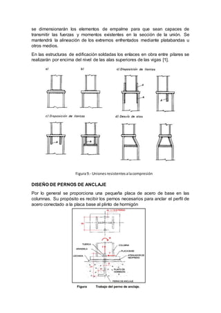 se dimensionarán los elementos de empalme para que sean capaces de
transmitir las fuerzas y momentos existentes en la sección de la unión. Se
mantendrá la alineación de los extremos enfrentados mediante platabandas u
otros medios.
En las estructuras de edificación soldadas los enlaces en obra entre pilares se
realizarán por encima del nivel de las alas superiores de las vigas [1].
DISEÑO DE PERNOS DE ANCLAJE
Por lo general se proporciona una pequeña placa de acero de base en las
columnas. Su propósito es recibir los pernos necesarios para anclar el perfil de
acero conectado a la placa base al plinto de hormigón
Figura9.- Uniones resistentesalacompresión
 