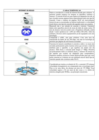 INTERNET DE BOLSO

CARACTERÍSTICAS

WAP

Pode-se considerá-la a versão da internet discada para celulares. A
primeira grande tentativa de integrar os aparelhos celulares à
internet. A conexão WAP era uma espécie de adaptação da web, já
que só podia acessar páginas feitas especialmente para este tipo de
conexão. Como o número de páginas WAP era incrivelmente
menor do que as encontradas na internet tradicional e a velocidade
muito baixa, este tipo de conexão não agradou tanto aos usuários.
Bluetooth não é um método de conexão à internet. Transmite
dados entre aparelhos através de sinais de rádio de ondas curtas. O
raio de alcance varia de acordo com a frequência utilizada, sendo
desde 1 metro (potência de 1 mW) até 100m (100 mW). Além de
celulares, diversos outros equipamentos já são equipados com esta
tecnologia.
Comparada à xDSL, mas para celulares. Com uma taxa de
transmissão de dados de até 384 kbps, este tipo de tecnologia já
permitia que páginas da web fossem acessadas.
Funciona de maneira semelhante à conexão a rádio e os sinais são
enviados praticamente pelas mesmas torres que enviam o sinal de
telefonia para o aparelho, o que significa um amplo raio de
alcance. Além disso, a conexão pode chegar a 7 Mbps. Presente
em praticamente todos os celulares atuais, a internet 3G tornou-se
tão popular que recebeu até adaptação para computadores.
Pequenos modems exclusivos foram desenvolvidos para que você
possa conectar-se à internet em seu notebook através deste tipo de
conexão quando não existirem redes Wi-Fi.

Bluetooth

EDGE
3G

LTE
Considerada por muitos a evolução do 3G, a conexão LTE alcança
velocidades inimagináveis em comparação com a tecnologia atual.
Para se ter uma ideia, ela alcança um pico de 170 Mbps! Essa
velocidade supera o 3G em mais de dez vezes e é o dobro do
máximo atingido pela WiMax, sua principal concorrente.

 
