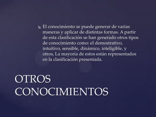    El conocimiento se puede generar de varias
       maneras y aplicar de distintas formas. A partir
       de esta clasificación se han generado otros tipos
       de conocimiento como: el demostrativo,
       intuitivo, sensible, dinámico, inteligible, y
       otros, La mayoría de estos están representados
       en la clasificación presentada.



OTROS
CONOCIMIENTOS
 