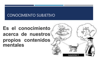 CONOCIMIENTO SUBJETIVO
Es el conocimiento
acerca de nuestros
propios contenidos
mentales
 