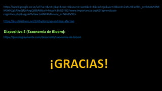 https://www.google.co.ve/url?sa=t&rct=j&q=&esrc=s&source=web&cd=1&cad=rja&uact=8&ved=2ahUKEwi94L_nmbboAhXNK
M0KHZg3AXwQFjAAegQIBBAB&url=https%3A%2F%2Fwww.importancia.org%2Faprendizaje-
cognitivo.php&usg=AOvVaw1u6NX4hMnunv_m7WeBV9Cn
Diapositiva 5 (Taxonomía de Bloom):
https://es.slideshare.net/tobbydoris/aprendizaje-afectivo
https://psicologiaymente.com/desarrollo/taxonomia-de-bloom
 
