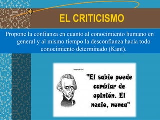 Propone la confianza en cuanto al conocimiento humano en
general y al mismo tiempo la desconfianza hacia todo
conocimiento determinado (Kant).
EL CRITICISMO
 