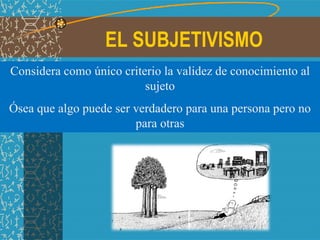 EL SUBJETIVISMO
Considera como único criterio la validez de conocimiento al
sujeto
Ósea que algo puede ser verdadero para una persona pero no
para otras
 