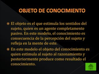  El objeto es el que estimula los sentidos del 
sujeto, quien es un agente completamente 
pasivo. En este modelo, el conocimiento es 
consecuencia de la percepción del sujeto y 
refleja en la mente de este. 
 En este modelo el objeto del conocimiento es 
quien estimula al sujeto al razonamiento y 
posteriormente produce como resultado el 
conocimiento. 
 
