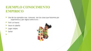 EJEMPLO CONOCIMENTO 
EMPIRICO 
 Uno de los ejemplos mas comunes son las cosas que hacemos por 
experiencia y por lógica como lo es : 
 freír un huevo 
 lavar el cabello 
 jugar naipes 
 bailar 
 
 