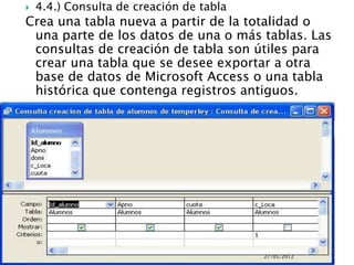    4.4.) Consulta de creación de tabla
Crea una tabla nueva a partir de la totalidad o
 una parte de los datos de una o más tablas. Las
 consultas de creación de tabla son útiles para
 crear una tabla que se desee exportar a otra
 base de datos de Microsoft Access o una tabla
 histórica que contenga registros antiguos.




                                          27/05/2012
 