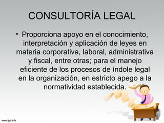 CONSULTORÍA LEGAL
• Proporciona apoyo en el conocimiento,
interpretación y aplicación de leyes en
materia corporativa, laboral, administrativa
y fiscal, entre otras; para el manejo
eficiente de los procesos de índole legal
en la organización, en estricto apego a la
normatividad establecida.
 