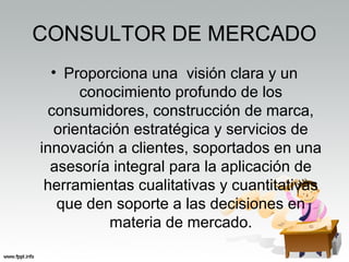 CONSULTOR DE MERCADO
• Proporciona una visión clara y un
conocimiento profundo de los
consumidores, construcción de marca,
orientación estratégica y servicios de
innovación a clientes, soportados en una
asesoría integral para la aplicación de
herramientas cualitativas y cuantitativas
que den soporte a las decisiones en
materia de mercado.
 