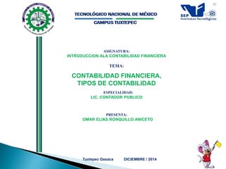 ASIGNATURA: 
INTRODUCCION ALA CONTABILIDAD FINANCIERA 
TEMA: 
CONTABILIDAD FINANCIERA, 
TIPOS DE CONTABILIDAD 
ESPECIALIDAD: 
LIC. CONTADOR PUBLICO 
PRESENTA: 
OMAR ELIAS RONQUILLO ANICETO 
Tuxtepec Oaxaca DICIEMBRE / 2014 
 
