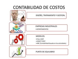 CONTABILIDAD DE COSTOS
DISEÑO, TRATAMIENTO Y GESTION.
EMPRESAS INDUSTRIALES
•DEPARTAMENTOS
MODELOS:
•FULL COST
•DIRECT COST
•ABC (Contabilidad basada en las actividades)
PUNTO DE EQUILIBRIO
 