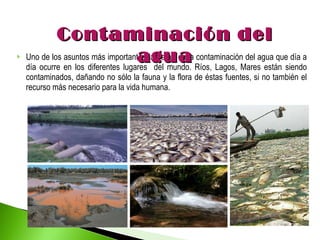 Uno de los asuntos más importantes  a tratar, es la contaminación del agua que día a día ocurre en los diferentes lugares  del mundo. Ríos, Lagos, Mares están siendo contaminados, dañando no sólo la fauna y la flora de éstas fuentes, si no también el recurso más necesario para la vida humana. Contaminación del agua 