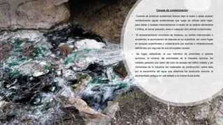 Causas de contaminación.
• Cuando se entierran sustancias tóxicas bajo el suelo y estas acaban
contaminando aguas subterrá...