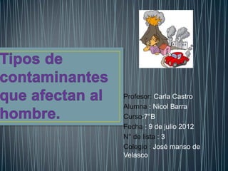Profesor: Carla Castro
Alumna : Nicol Barra
Curso:7°B
Fecha : 9 de julio 2012
N° de lista : 3
Colegio : José manso de
Velasco
 