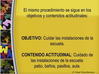 Etapas del aprendizaje de los contenidos procedimentalesApropiación de datos relevantes respecto a la tarea y sus condiciones (conocimiento declarativo y tareas puntuales).2.-   Actuación o ejecución del procedimiento (práctica con retroalimentación; culmina con la fijación del procedimiento).3.- Automatización del procedimiento (resultado de la ejecución continua)4.-Perfeccionamiento indefinido del procedimiento. LP. César Torres Barranco