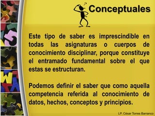 ConceptualesEste tipo de saber es imprescindible en todas las asignaturas o cuerpos de conocimiento disciplinar, porque constituye el entramado fundamental sobre el que estas se estructuran. Podemos definir el saber que como aquella competencia referida al conocimiento de datos, hechos, conceptos y principios. LP. César Torres Barranco