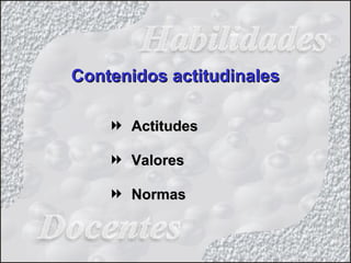 Contenidos actitudinalesContenidos actitudinales
 ActitudesActitudes
 ValoresValores
 NormasNormas
 
