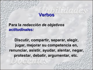 VerbosVerbos
Para laPara la redacción de objetivosredacción de objetivos
actitudinales:actitudinales:
Discutir, compartir, separar, elegir,Discutir, compartir, separar, elegir,
jugar, mejorar su competencia en,jugar, mejorar su competencia en,
renunciar, asistir, ayudar, alentar, negar,renunciar, asistir, ayudar, alentar, negar,
protestar, debatir, argumentar, etc.protestar, debatir, argumentar, etc.
 