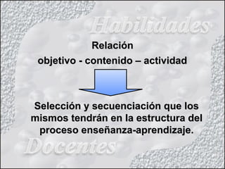 RelaciónRelación
objetivo - contenido – actividadobjetivo - contenido – actividad
Selección y secuenciación que losSelección y secuenciación que los
mismos tendrán en la estructura delmismos tendrán en la estructura del
proceso enseñanza-aprendizaje.proceso enseñanza-aprendizaje.
 