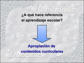 ¿A qué hace referencia¿A qué hace referencia
el aprendizaje escolar?el aprendizaje escolar?
Apropiación deApropiación de
contenidos curricularescontenidos curriculares
 
