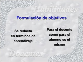 Se redactaSe redacta
en términos deen términos de
aprendizajeaprendizaje
Formulación de objetivosFormulación de objetivos
Para el docentePara el docente
como para elcomo para el
alumno es elalumno es el
mismomismo
 