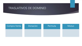 TRASLATIVOS DE DOMINIO
Compra Venta Donación Permuta Mutuo
 