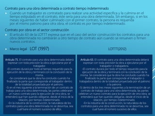 Contrato para una obra determinada a contrato tiempo indeterminado
 Cuando un trabajador es contratado para realizar una actividad específica y la culmina en el
tiempo estipulado en el contrato, éste sería para una obra determinada. Sin embargo, si en los
meses siguientes de haber culminado con el primer contrato, la persona es requerida
por el mismo patrono para otra obra, el contrato es por tiempo indeterminado.
Contrato por obra en el sector construcción
 El artículo 63 de la LOTTT expresa que en el caso del sector construcción los contratos para una
obra determinada no cambiarán a otro tiempo de contrato aún cuando se renueven o firmen
nuevos contratos.
 Marco legal LOT (1997) LOTTT(2012)
Artículo 75. El contrato para una obra determinada deberá
expresar con toda precisión la obra a ejecutarse por el
trabajador.
-El contrato durará por todo el tiempo requerido para la
ejecución de la obra y terminará con la conclusión de la
misma.
-Se considerará que la obra ha concluido cuando ha
finalizado la parte que corresponde al trabajador dentro
de la totalidad proyectada por el patrono.
-Si en el mes siguiente a la terminación de un contrato de
trabajo para una obra determinada, las partes celebraren
un nuevo contrato para la ejecución de otra obra, se
entenderá que han querido obligarse, desde el inicio de la
relación, por tiempo indeterminado.
-En la industria de la construcción, la naturaleza de los
contratos para una obra determinada no se desvirtúa, sea
cual fuere el número sucesivo de ellos.
Artículo 63. El contrato para una obra determinada deberá
expresar con toda precisión la obra a ejecutarse por el
trabajador o trabajadora.
-El contrato durará por todo el tiempo requerido para la
ejecución de la obra y terminará con la conclusión de la
misma. Se considerará que la obra ha concluido cuando ha
finalizado la parte que corresponde al trabajador o
trabajadora dentro de la totalidad proyectada por el patrono
o la patrona.
-Si dentro de los tres meses siguientes a la terminación de un
contrato de trabajo para una obra determinada, las partes
celebran un nuevo contrato para la ejecución de otra obra, se
entenderá que han querido obligarse, desde el inicio de la
relación, por tiempo indeterminado.
-En la industria de la construcción, la naturaleza de los
contratos para una obra determinada no se desvirtúa, sea
cual fuere el número sucesivo de ellos.
 
