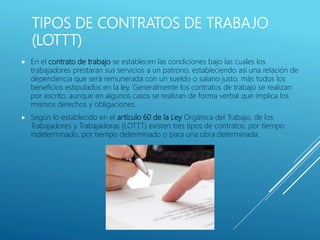 TIPOS DE CONTRATOS DE TRABAJO
(LOTTT)
 En el contrato de trabajo se establecen las condiciones bajo las cuales los
trabajadores prestaran sus servicios a un patrono, estableciendo así una relación de
dependencia que será remunerada con un sueldo o salario justo, más todos los
beneficios estipulados en la ley. Generalmente los contratos de trabajo se realizan
por escrito, aunque en algunos casos se realizan de forma verbal que implica los
mismos derechos y obligaciones.
 Según lo establecido en el artículo 60 de la Ley Orgánica del Trabajo, de los
Trabajadores y Trabajadoras (LOTTT) existen tres tipos de contratos: por tiempo
indeterminado, por tiempo determinado o para una obra determinada.
 