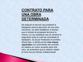CONTRATO PARA
UNA OBRA
DETERMINADA
Se estipula el servicio que prestará el
trabajador para la ejecución de una obra.
Asimismo, se debe establecer el tiempo
que le tomará al empleado terminar la
misma. La Ley establece que al culminar la
asignación para la cual fue contratado el
trabajador, se da por finalizado el contrato.
Ahora bien, si dentro de los tres meses
siguientes a la culminación del contrato
se celebra un nuevo acuerdo para otra
obra, se entenderá que la relación desde
el inicio fue por tiempo indeterminado
 