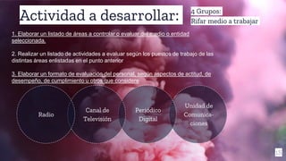 Actividad a desarrollar:
18
Unidad de
Comunica-
ciones
Periódico
Digital
Canal de
Televisión
Radio
1. Elaborar un listado de áreas a controlar o evaluar del medio o entidad
seleccionada.
2. Realizar un listado de actividades a evaluar según los puestos de trabajo de las
distintas áreas enlistadas en el punto anterior
3. Elaborar un formato de evaluación del personal, según aspectos de actitud, de
desempeño, de cumplimiento u otros que considere
4 Grupos:
Rifar medio a trabajar
 