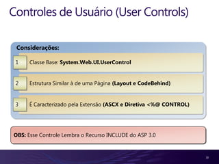 Controles de Usuário (User Controls)

 Considerações:

 1    Classe Base: System.Web.UI.UserControl


 2    Estrutura Similar à de uma Página (Layout e CodeBehind)


 3   É Caracterizado pela Extensão (ASCX e Diretiva <%@ CONTROL)




OBS: Esse Controle Lembra o Recurso INCLUDE do ASP 3.0


                                                                   18
 