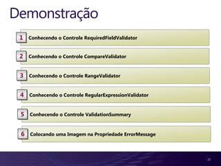 Demonstração
 1   Conhecendo o Controle RequiredFieldValidator


 2   Conhecendo o Controle CompareValidator


 3   Conhecendo o Controle RangeValidator


 4   Conhecendo o Controle RegularExpressionValidator


 5   Conhecendo o Controle ValidationSummary



 6   Colocando uma Imagem na Propriedade ErrorMessage



                                                        22
 