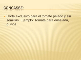 Cortes para las papasPapa paja:	Palitos finos realizados con la mandolina. Freír a temperatura muy suave. 