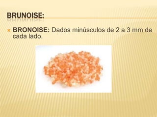 Mirepoix :corte grosero grande de vegetales, también recibe el nombre de mirepoix a la base de condimentación de un fondo (zanahoria, apio, cebolla y puerro).paisanaPAISANA (PAISANNE): Cortes de verduras en láminas muy finas, planas y regulares, con medidas de 0.5mm a 2 cm. de lado por 2 mm de grosor. SIFLET- AL SESGO- AL BIES:Corte en forma de Julianas en vegetales de tallo, y acabado de los extremos en forma de punta, tienen 2 a 3 mm. de grosor por 6 -7 cm. de largo.