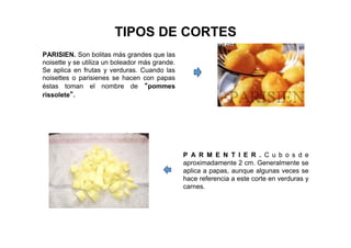 TIPOS DE CORTES
PARISIEN. Son bolitas más grandes que las
noisette y se utiliza un boleador más grande.
Se aplica en frutas y verduras. Cuando las
noisettes o parisienes se hacen con papas
éstas toman el nombre de “pommes
rissolete”.
P A R M E N T I E R . C u b o s d e
aproximadamente 2 cm. Generalmente se
aplica a papas, aunque algunas veces se
hace referencia a este corte en verduras y
carnes.
 