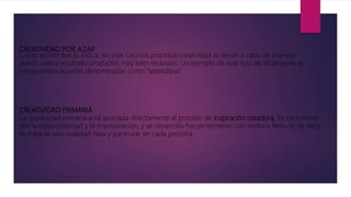 CREATIVIDAD POR AZAR
Como su nombre lo indica, en este caso los procesos creatividad se llevan a cabo de manera
dando como resultado productos muy bien recibidos. Un ejemplo de este tipo de situaciones lo
comprenden aquellas denominadas como “serendipia”.
CREATIVIDAD PRIMARIA
La creatividad primaria está asociada directamente al proceso de inspiración creadora. Se caracteriza
por la espontaneidad y la improvisación, y se desarrolla frecuentemente con motivos festivos; es decir,
se trata de una cualidad nata y particular en cada persona
 