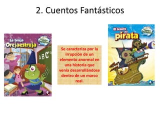 2. Cuentos Fantásticos
Se caracteriza por la
irrupción de un
elemento anormal en
una historia que
venía desarrollándose
dentro de un marco
real.
 