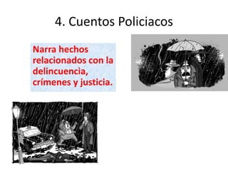 4. Cuentos Policiacos
Narra hechos
relacionados con la
delincuencia,
crímenes y justicia.
 