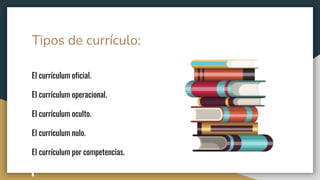 Tipos de currículo:
El currículum oficial.
El currículum operacional.
El currículum oculto.
El currículum nulo.
El currículum por competencias.
 