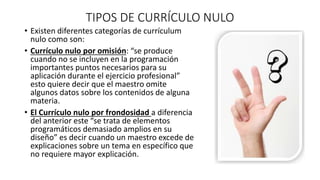 TIPOS DE CURRÍCULO NULO 
• Existen diferentes categorías de currículum 
nulo como son: 
• Currículo nulo por omisión: “se produce 
cuando no se incluyen en la programación 
importantes puntos necesarios para su 
aplicación durante el ejercicio profesional” 
esto quiere decir que el maestro omite 
algunos datos sobre los contenidos de alguna 
materia. 
• El Currículo nulo por frondosidad a diferencia 
del anterior este “se trata de elementos 
programáticos demasiado amplios en su 
diseño” es decir cuando un maestro excede de 
explicaciones sobre un tema en específico que 
no requiere mayor explicación. 
 