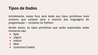Fundamentos de Programação: Tipos de Dados e Manipulação em Python | PDF